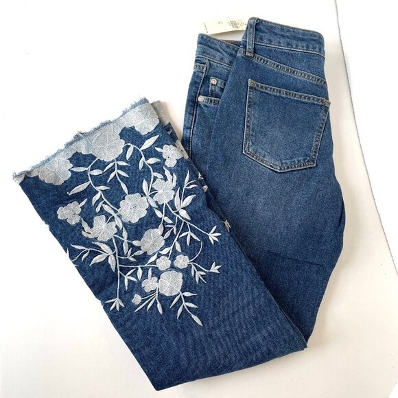 Anthropologie Pilcro Slim Boyfriend Jeans Womens 25 Blue Floral Embroidery - Picture 3 of 6